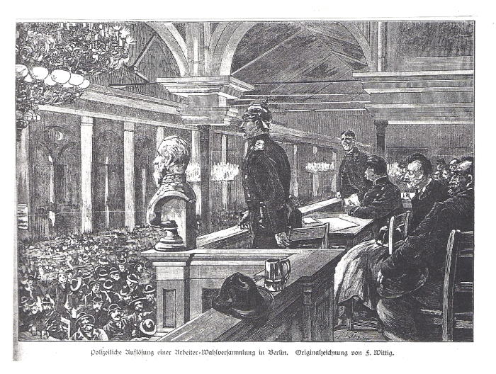 Auflösung einer Arbeiterversammlung_Illustrirte Zeitung 1890, S. 180